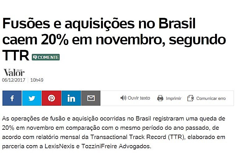 Fuses e aquisies no Brasil caem 20% em novembro, segundo TTR